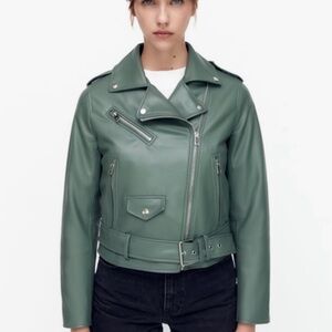 Zara - Women's Green Leather Jacket - Small